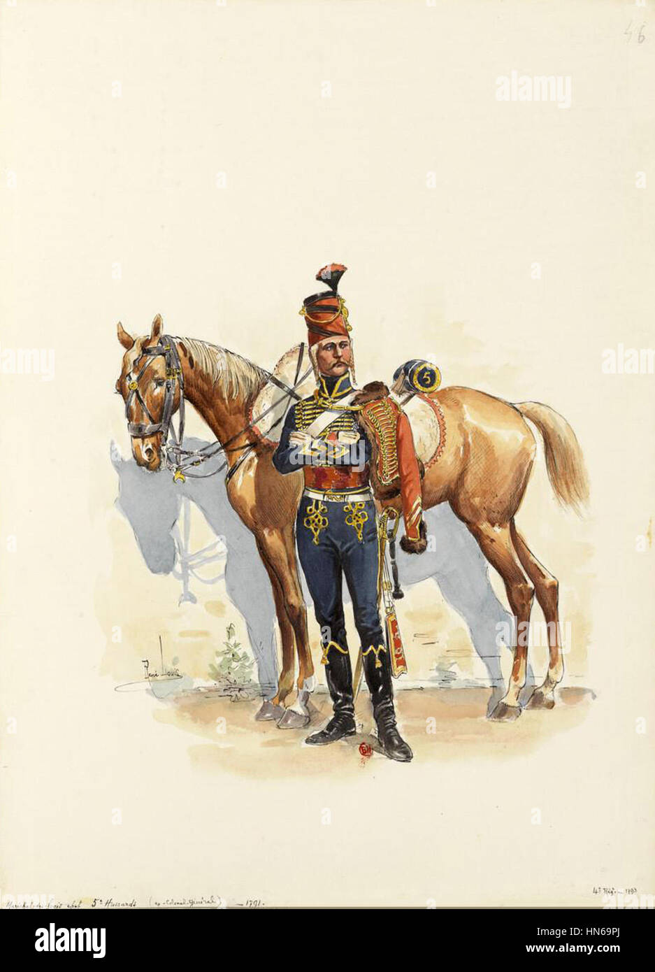 Dieses Gemälde aus dem Jahr 1791 zeigt einen Marschall der französischen Armee in der Uniform der 5. Husaren. Das Bild zeigt die militärischen Insignien und die prestigeträchtige Rolle des Offiziers und spiegelt die Hierarchie und Disziplin des französischen Militärs während der Revolutionszeit wider. Stockfoto