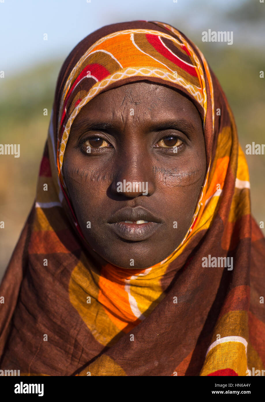 Afar Stamm Frau mit Scarifications auf ihrem Gesicht, Afar-Region, Afambo, Äthiopien Stockfoto