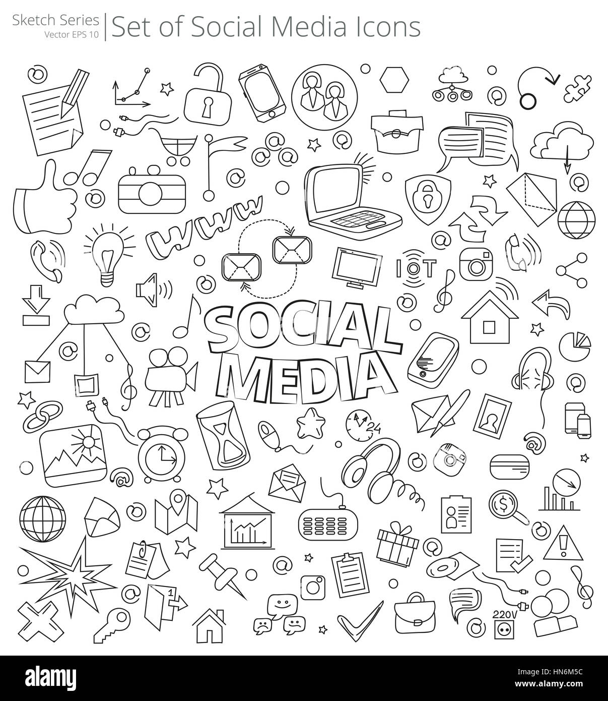 Vektor-Illustration der großen Satz von Social Media Icons und Kritzeleien. Handgezeichnete Skizze Stil. Stockfoto