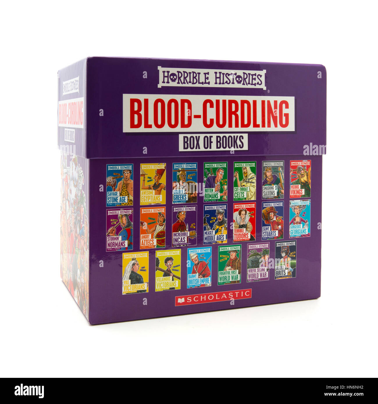 Box-Set von schrecklichen Geschichten-Bücher-Box-Set auf weißem Hintergrund Stockfoto