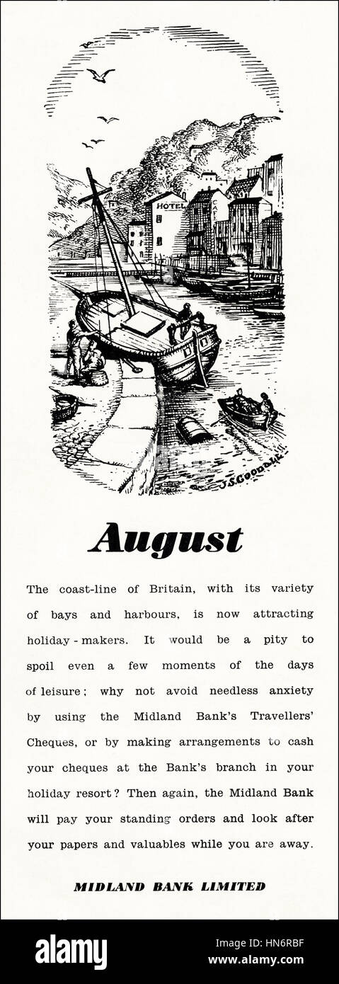 1950er Jahre Werbung Anzeige aus original alten Vintage englisches Magazin datiert 1950 Werbung für Midland Bank Stockfoto
