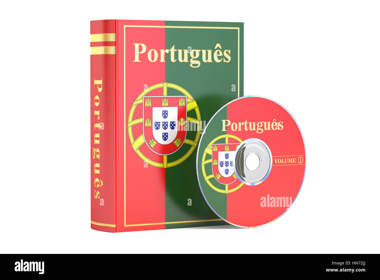 Portugiesische Buch mit Flagge von Portugal und CD Disk, 3D-Rendering isolierten auf weißen Hintergrund Stockfoto