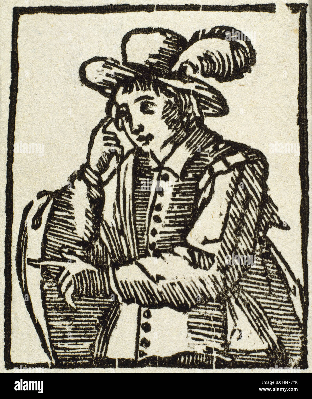 Im Mittelalter. Gentleman in der Haltung der Reflexion. Gravur. Stockfoto