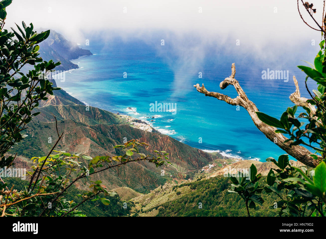 Draufsicht auf den nördlichen Küstenabschnitten von Teneriffa durch Laurissilva-Wald, Canarias, Spanien Stockfoto