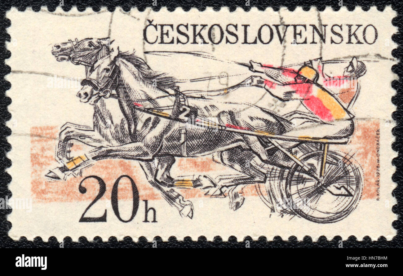 Eine Briefmarke gedruckt in der Tschechoslowakei zeigt eine Fahrsport, Pferdesport-Serie, ca. 1984 Stockfoto
