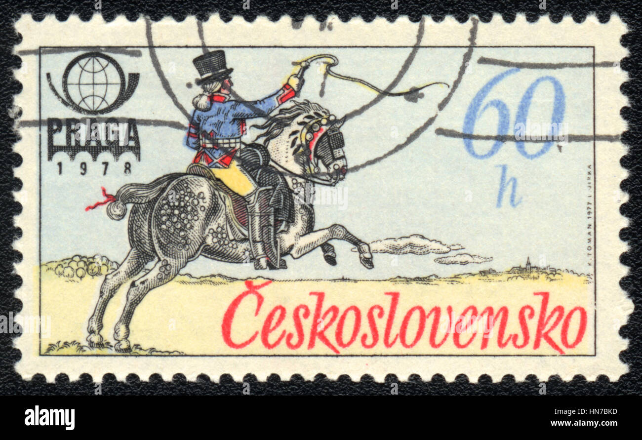 Eine Briefmarke gedruckt in Tschechoslowakei zeigt einen Reiter mit einer Peitsche, Serie, ca. 1978 Stockfoto