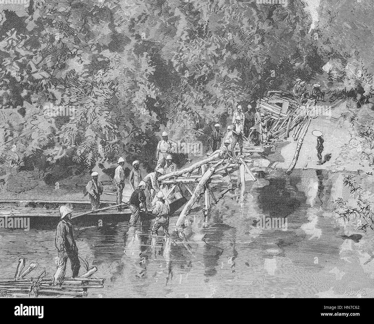 Bau einer Brücke von französischen Pioniere in Tonkin, Bau einer Brücke durch französische Pioniere in Tonkin, Französisch Indochina, Vietnam, Holzschnitt von 1885, digital verbessert Stockfoto
