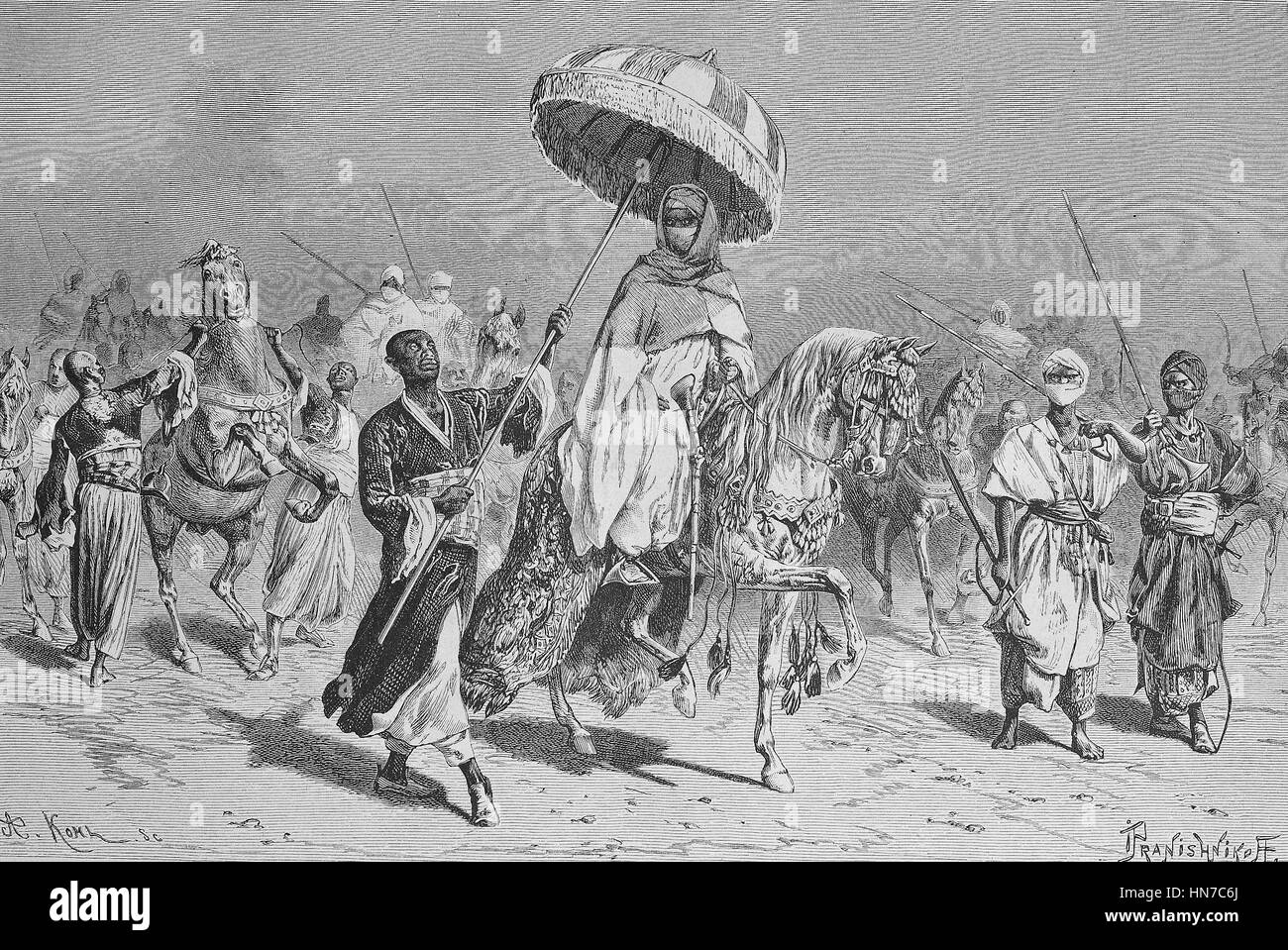 Der Scheich von Bornu mit Gefolge, heute Nigeria, Der Scheich von Bornu Mit Gefolge, heute Nigeria, Holzschnitt aus dem Jahr 1885, Digital verbessert Stockfoto