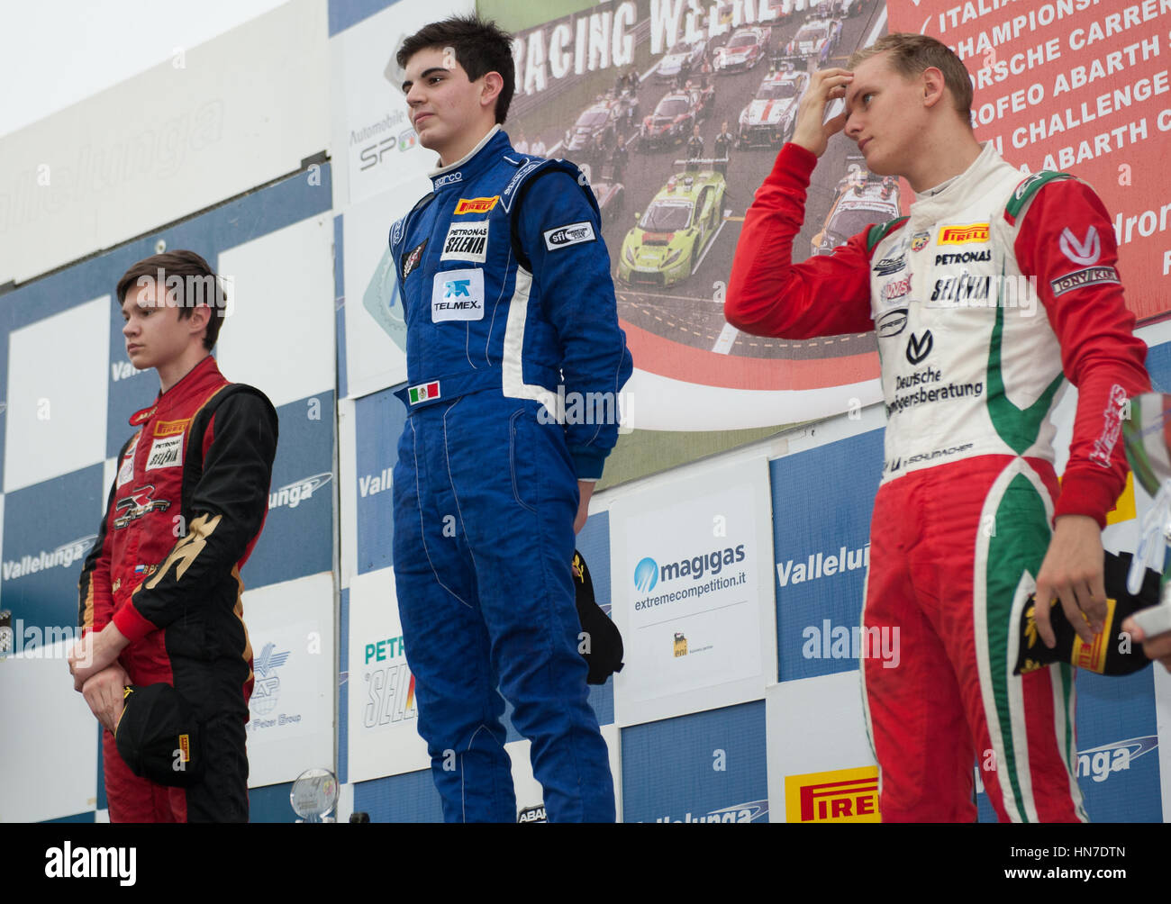 Vallelunga, Rom, Italien. 10. September 2016. Formel 4 Rennen Treiber auf Podium nach einem Mick Schumacher auf der rechten Seite Stockfoto