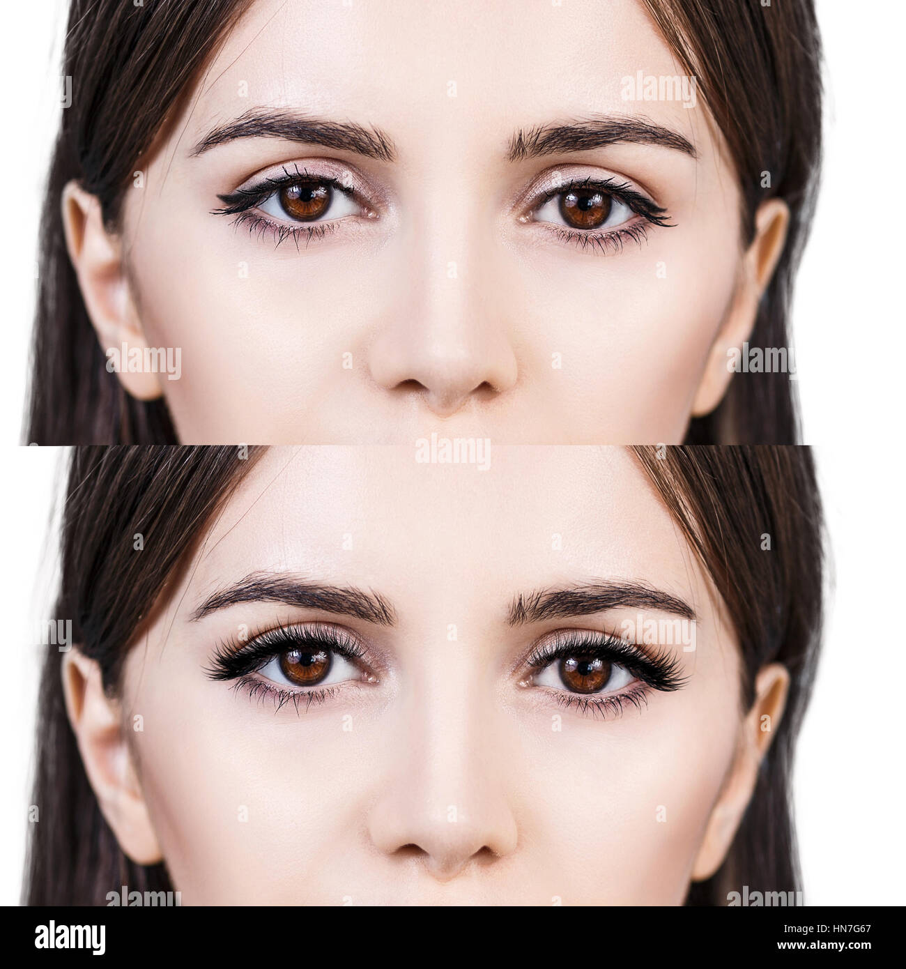 Weiblichen Augen vor und nach der Wimpernverlängerung Stockfoto