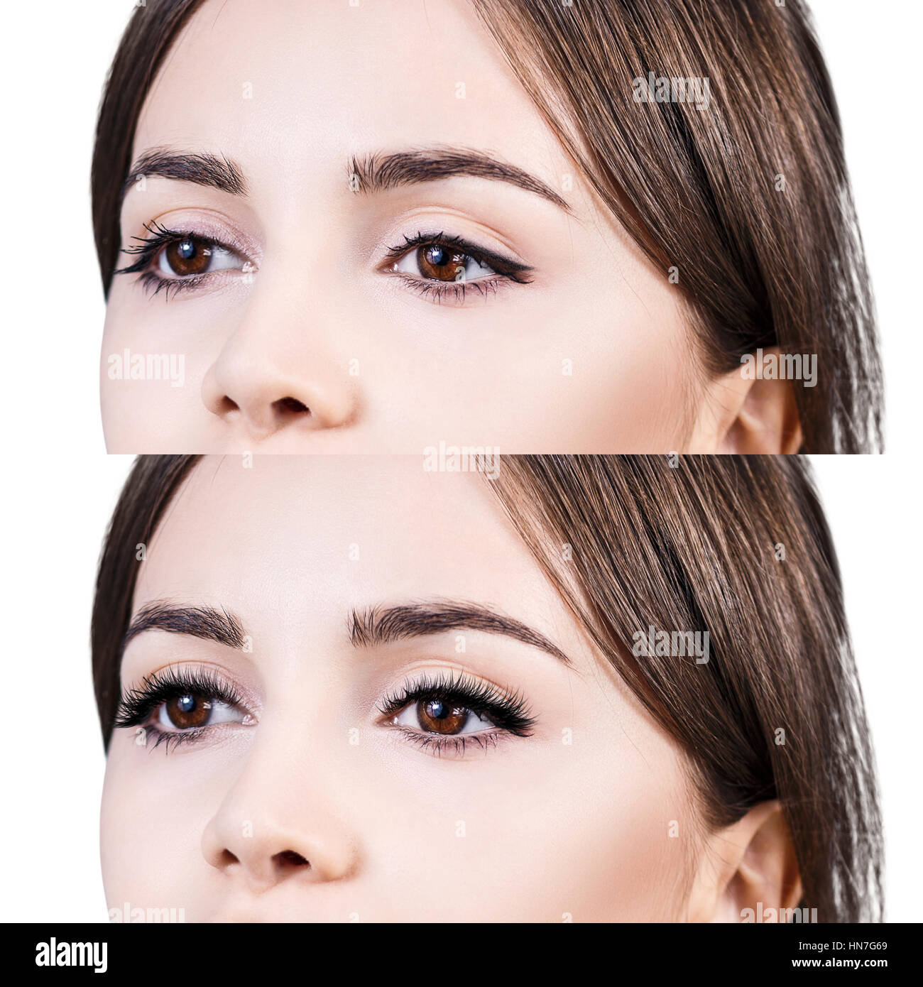 Weiblichen Augen vor und nach der Wimpernverlängerung Stockfoto