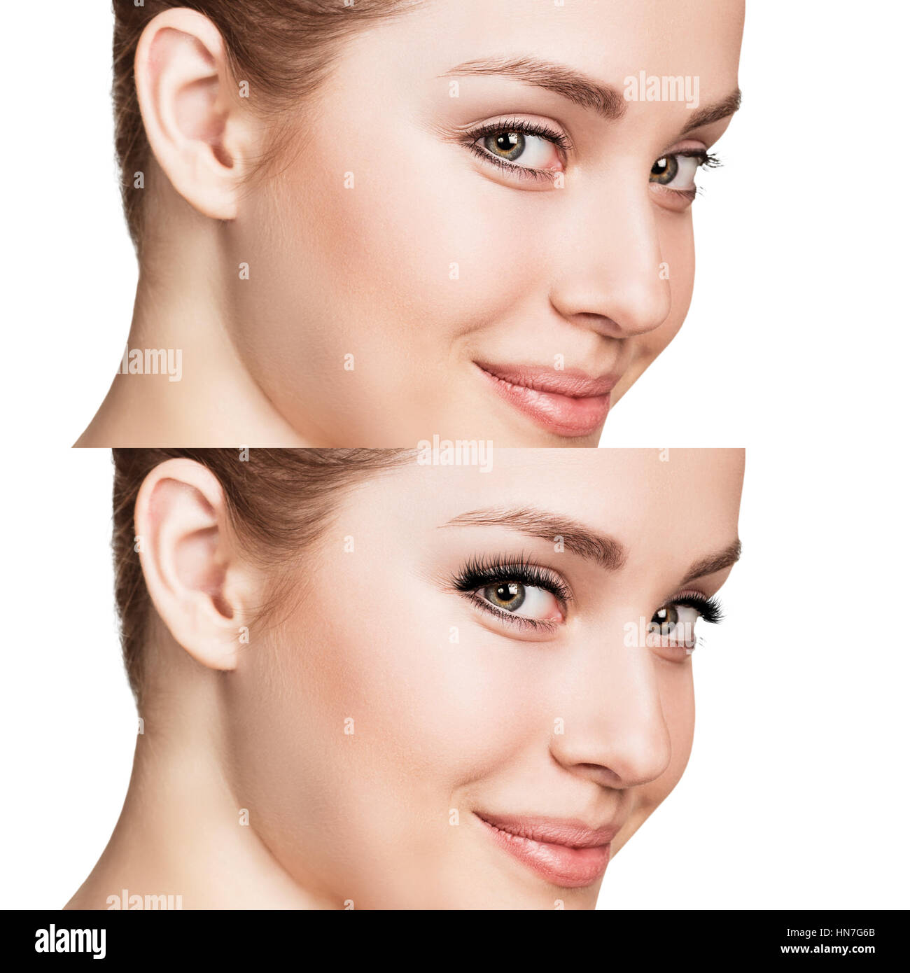 Weiblichen Augen vor und nach der Wimpernverlängerung Stockfoto