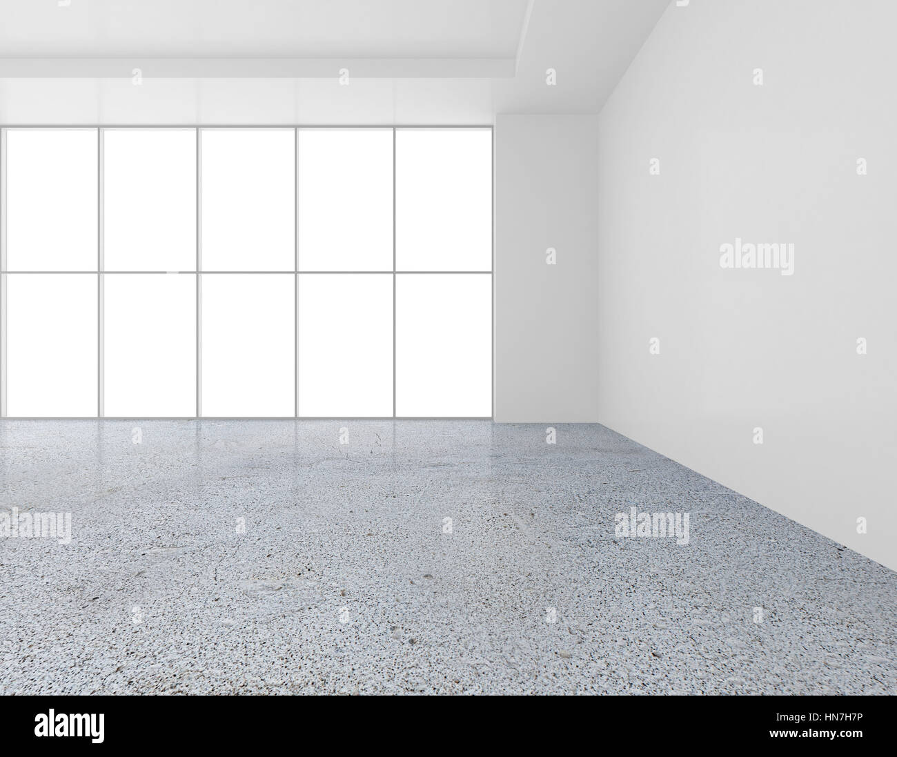 Weiße leere Wand zeitgenössische Galerie. Moderner offener Raum Expo mit Betonboden. 3D-Rendering Stockfoto