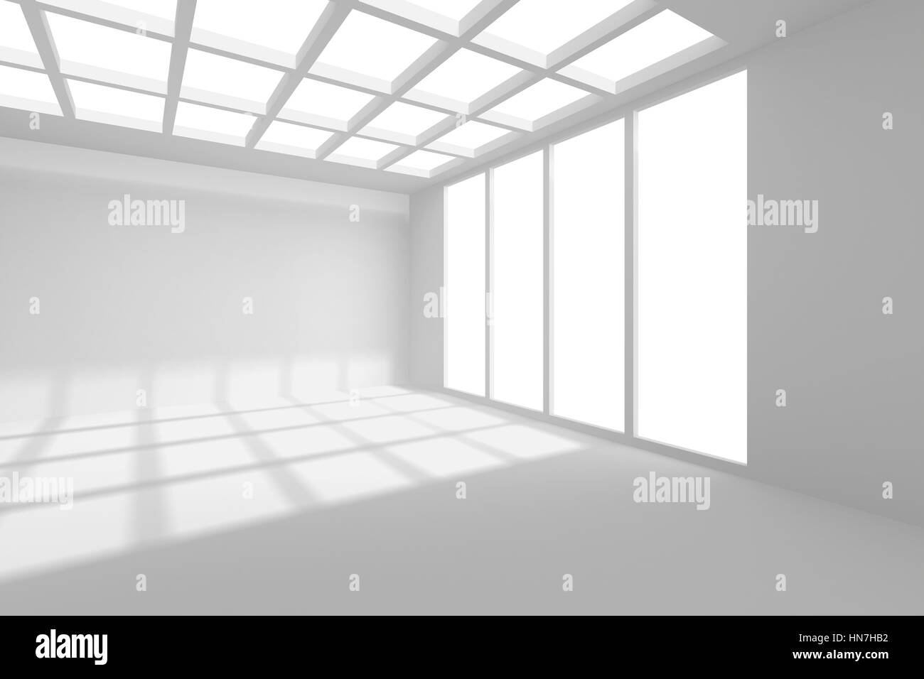 Geräumiger Innenraum mit leere Wand und Panoramafenster. Mock-up, 3D Rendering Stockfoto