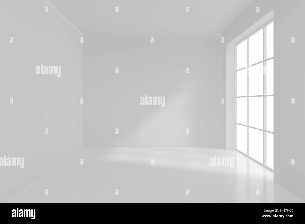 Geräumiger Innenraum mit leere Wand und Panoramafenster. 3D-Rendering. Stockfoto