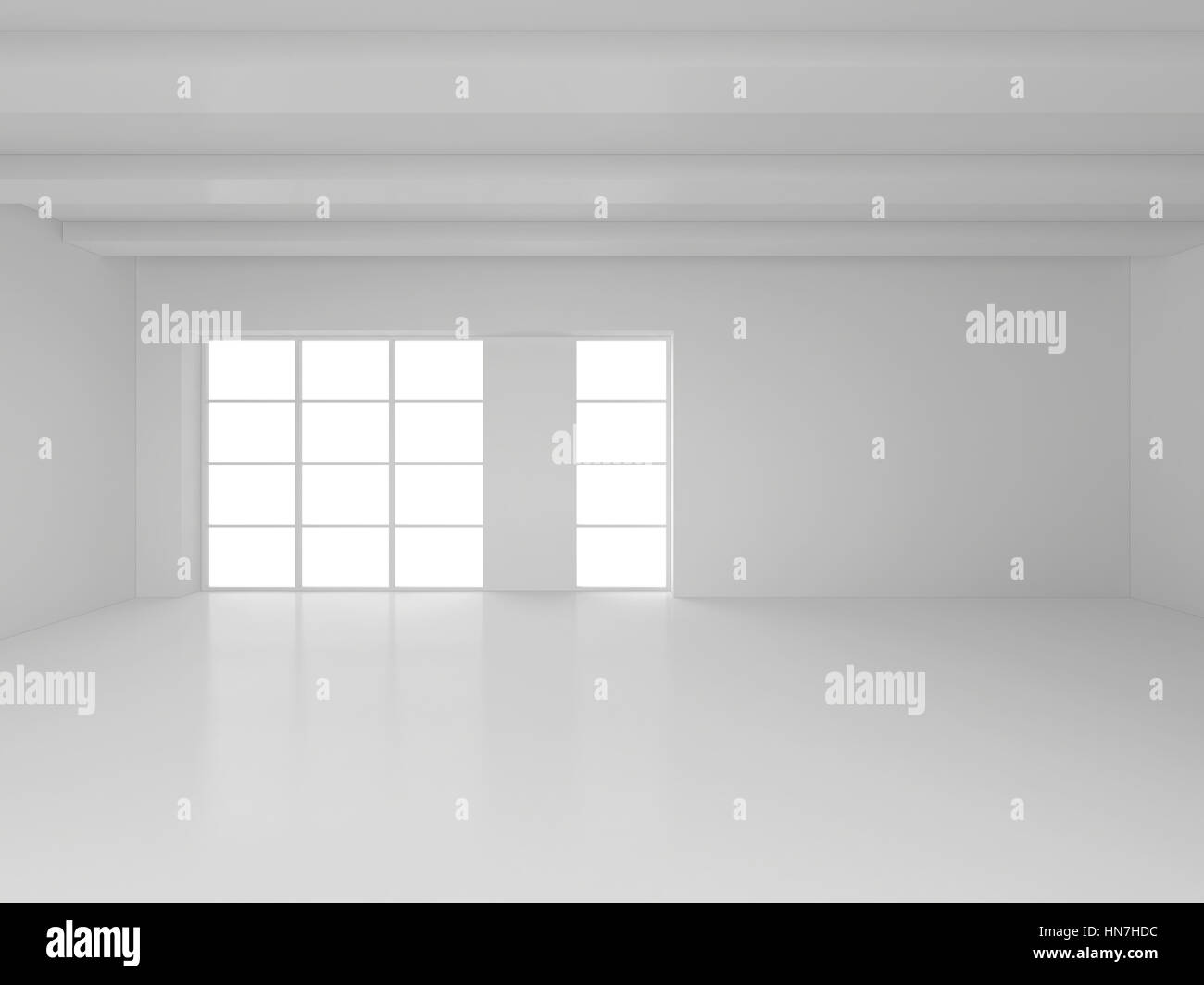 Leerer weißer Raum mit großen Fenstern. 3D-Rendering Stockfoto