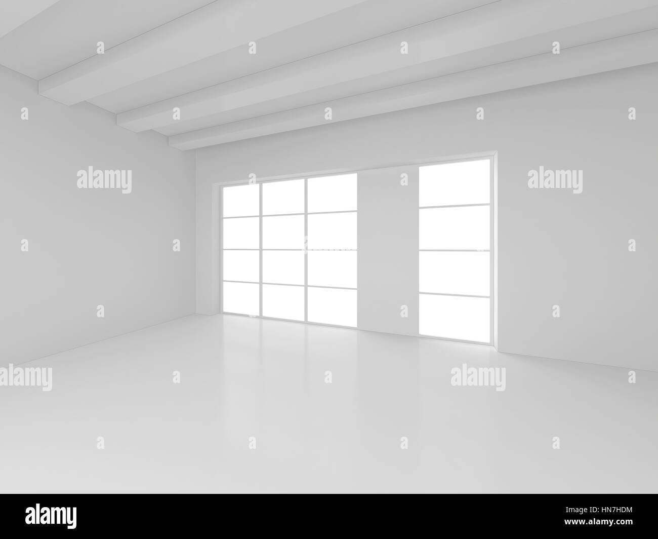 Leerer weißer Raum mit großen Fenstern. 3D-Rendering Stockfoto