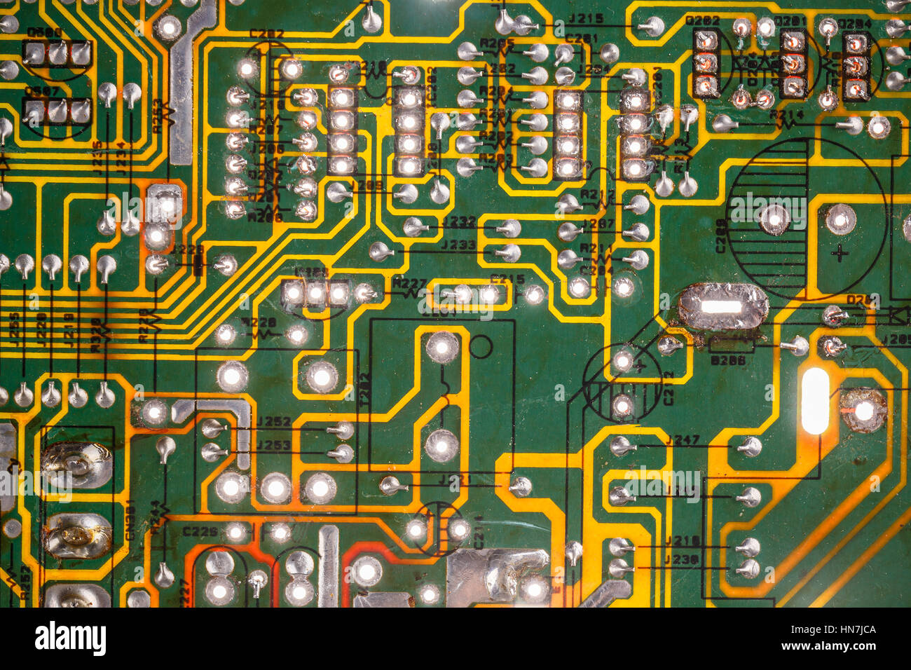 Elemente der elektronischen Platine, Nahaufnahme, Hintergrund Stockfoto
