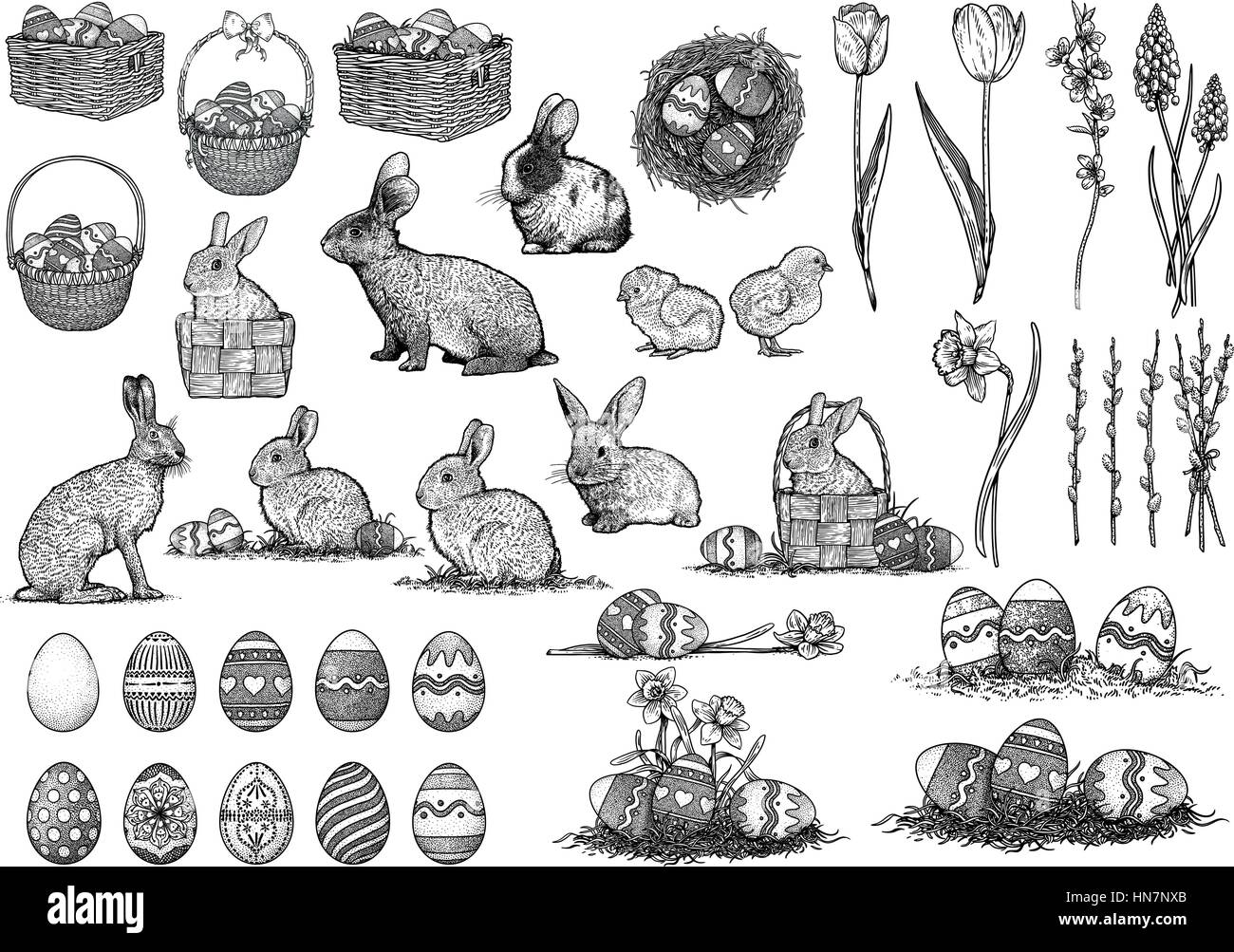 Ostern-Illustration, Zeichnung, Gravur, Strichzeichnungen Stock