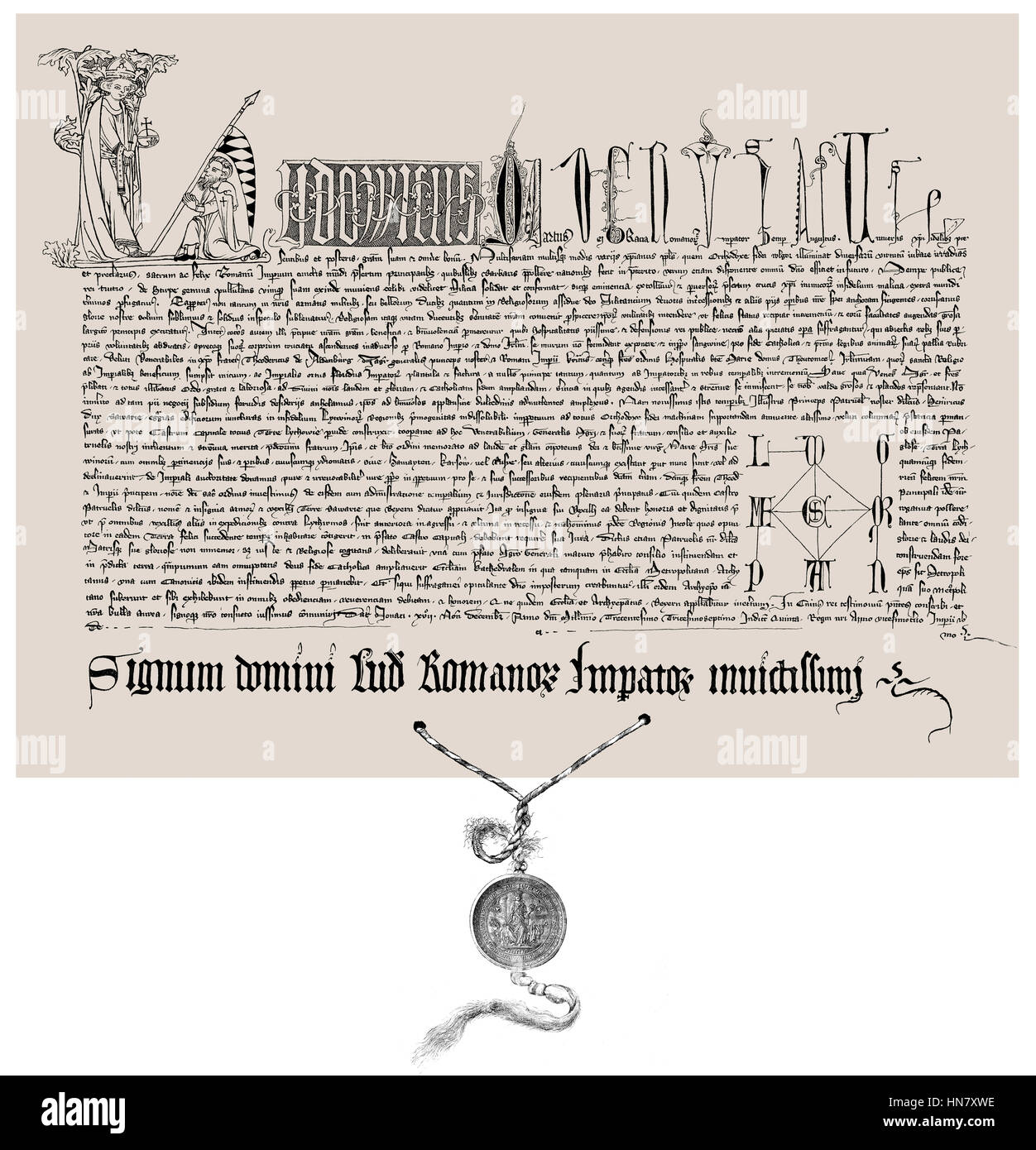 Faksimile eines Zertifikats mit der Goldenen Bulle von Louis IV, genannt 1282-1347, Bayern, Haus Wittelsbach, Kaiser des Heiligen Römischen Reiches Stockfoto