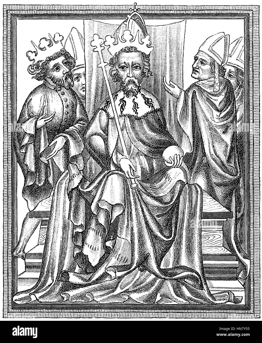 Goldene Bulle, Charles IV., Wenzel, 1316-1378, König von Böhmen, Heiliger römischer Kaiser, mit seinem Sohn Wenzel, der faulen geboren Stockfoto