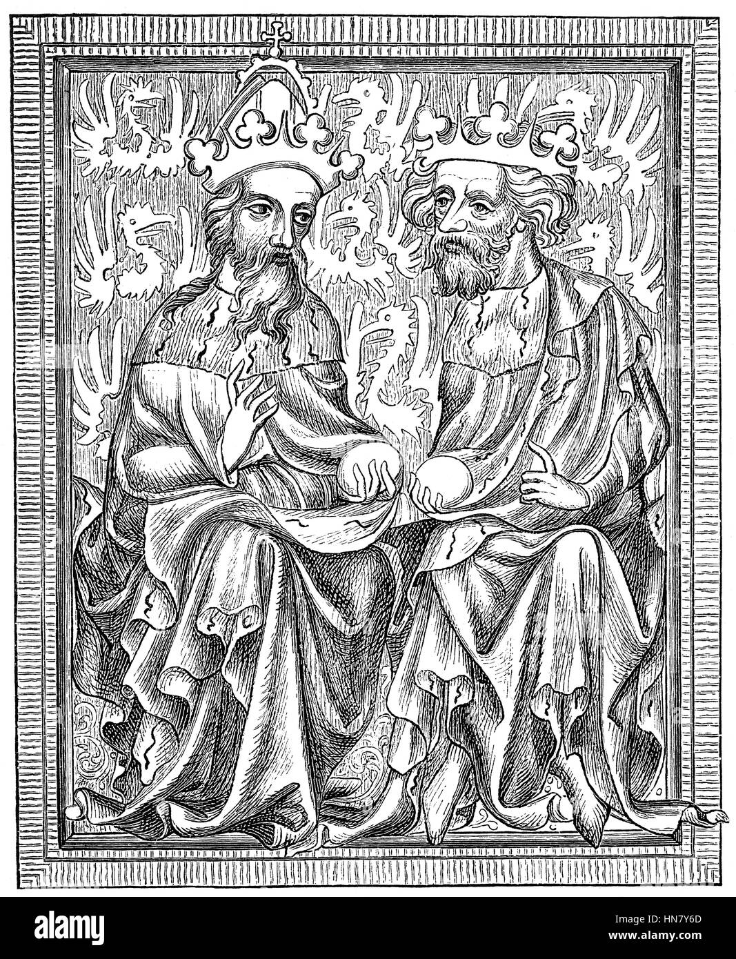 Goldene Bulle, Charles IV., Wenzel, 1316-1378, König von Böhmen, Heiliger römischer Kaiser, mit seinem Sohn Wenzel, der faulen geboren Stockfoto
