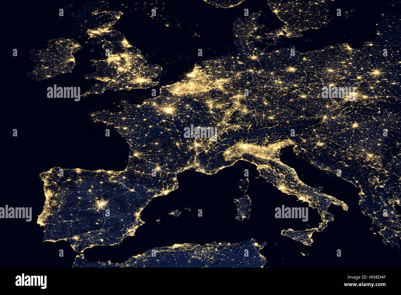 Lichter der Stadt auf der Weltkarte. Europa. Stockfoto