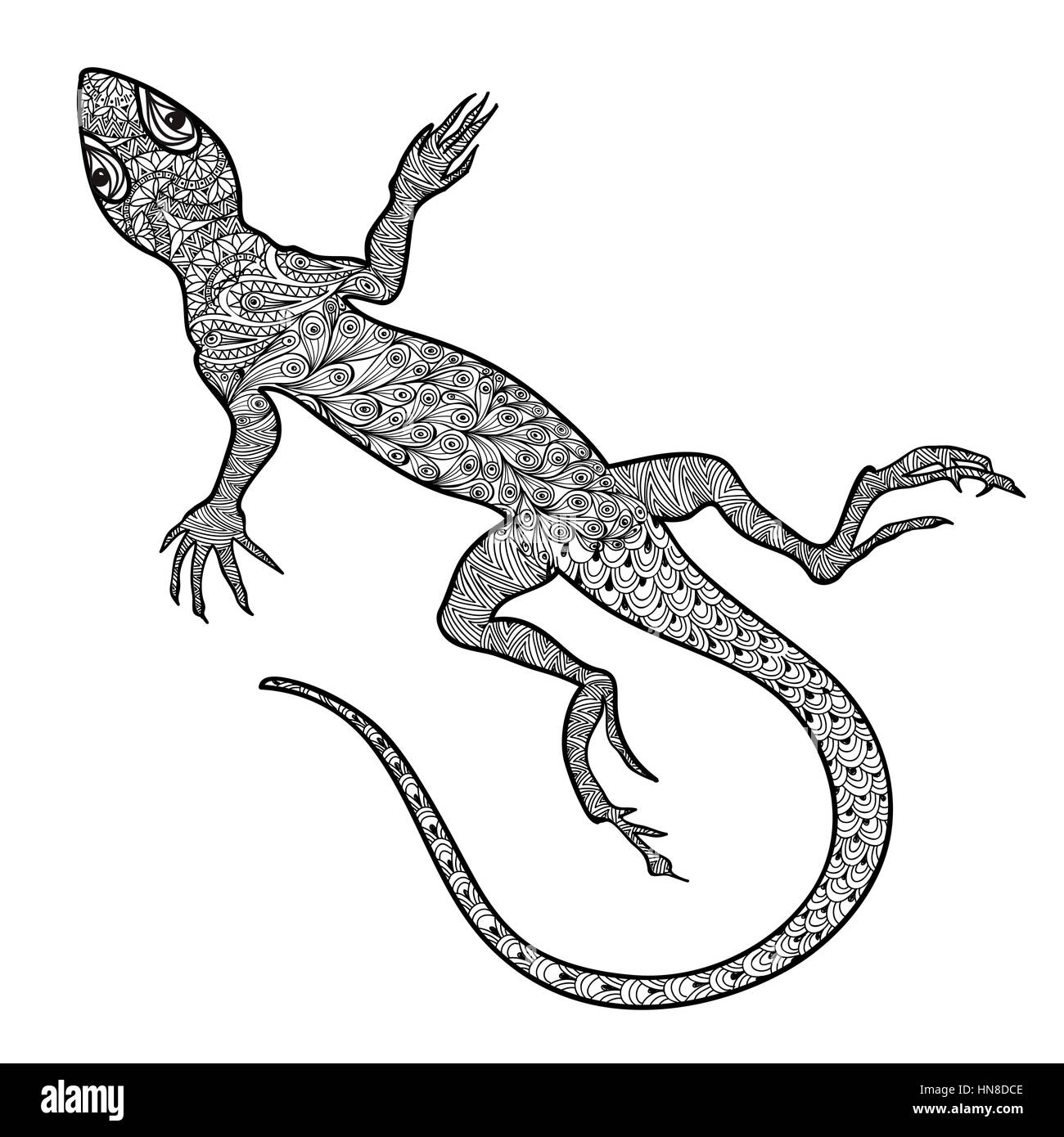Lizard isoliert. Hand gezeichnet Vektor Salamander mit ethnischen tribal Zierpflanzen zentagle Muster. Skizze von Eidechsen Reptilien mit langen gebogenen Schwanz Stock Vektor