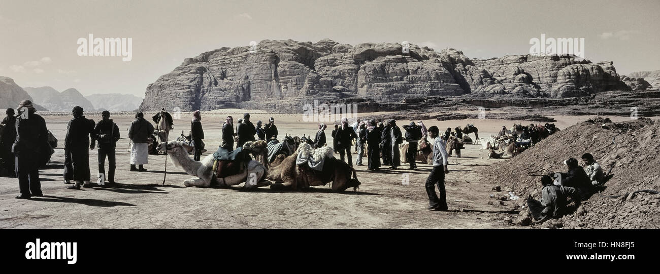 Kamel trekking Führer mit ihren Kamelen. Wadi Rum. Jordanien. Arabische Königreich in Westasien Stockfoto