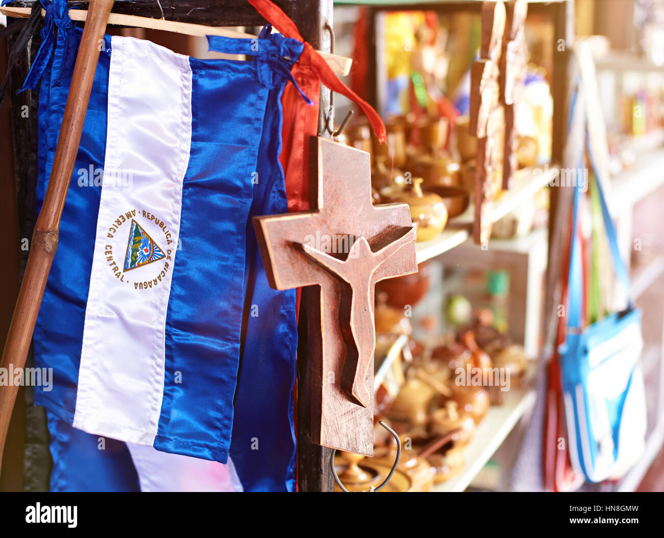 Nahaufnahme der Flagge im Souvenir-Shop-nicaragua Stockfoto