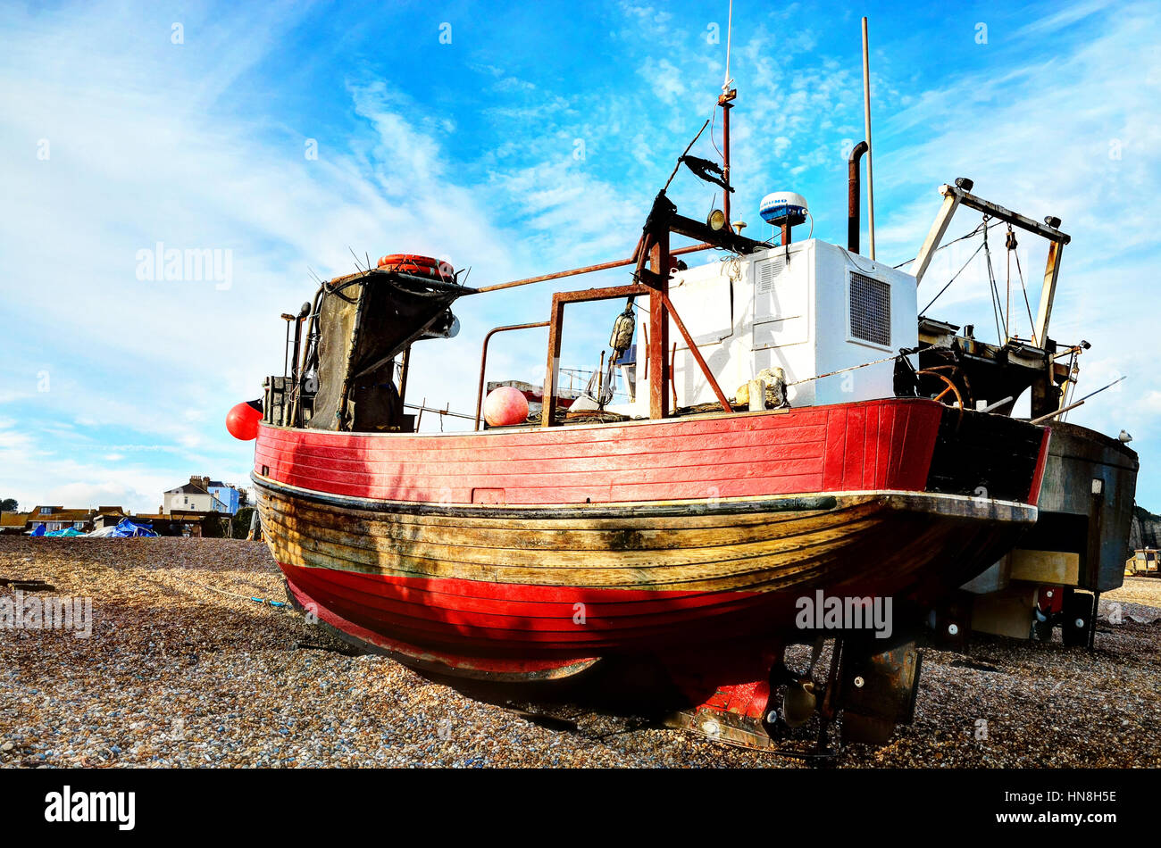 Strand von Hastings Sussex Boote bis Stockfoto