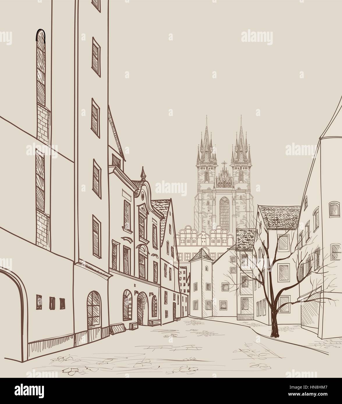 Die Altstadt von Prag, tschechische Republik. Fußgängerzone in der alten europäischen Stadt mit Turm im Hintergrund. Historische Stadt Prag bakcg Straße. Stock Vektor