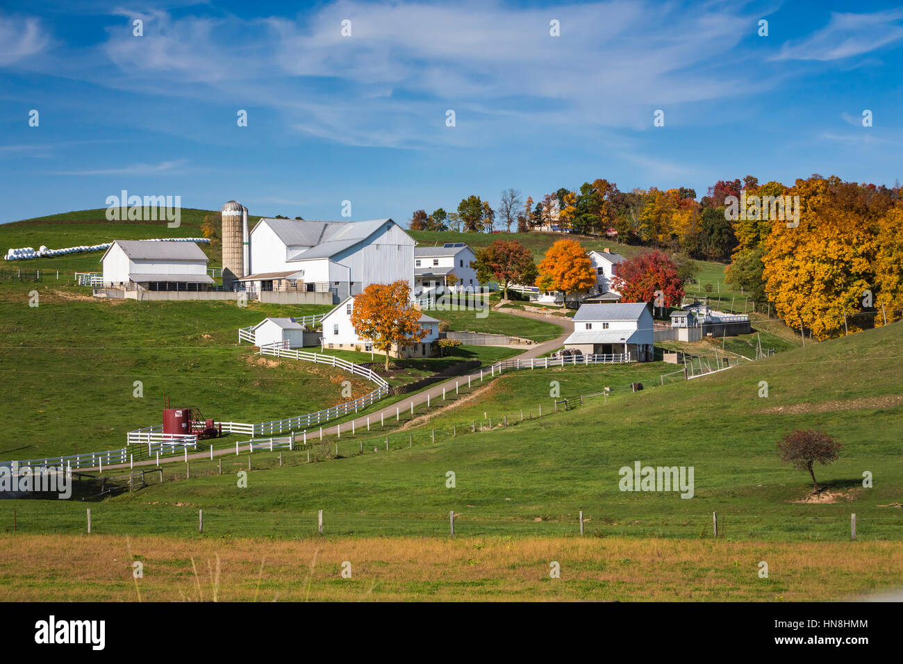 Ein amischer Farm mit Haus und Scheune in der Nähe von Charme, Ohio, USA. Stockfoto