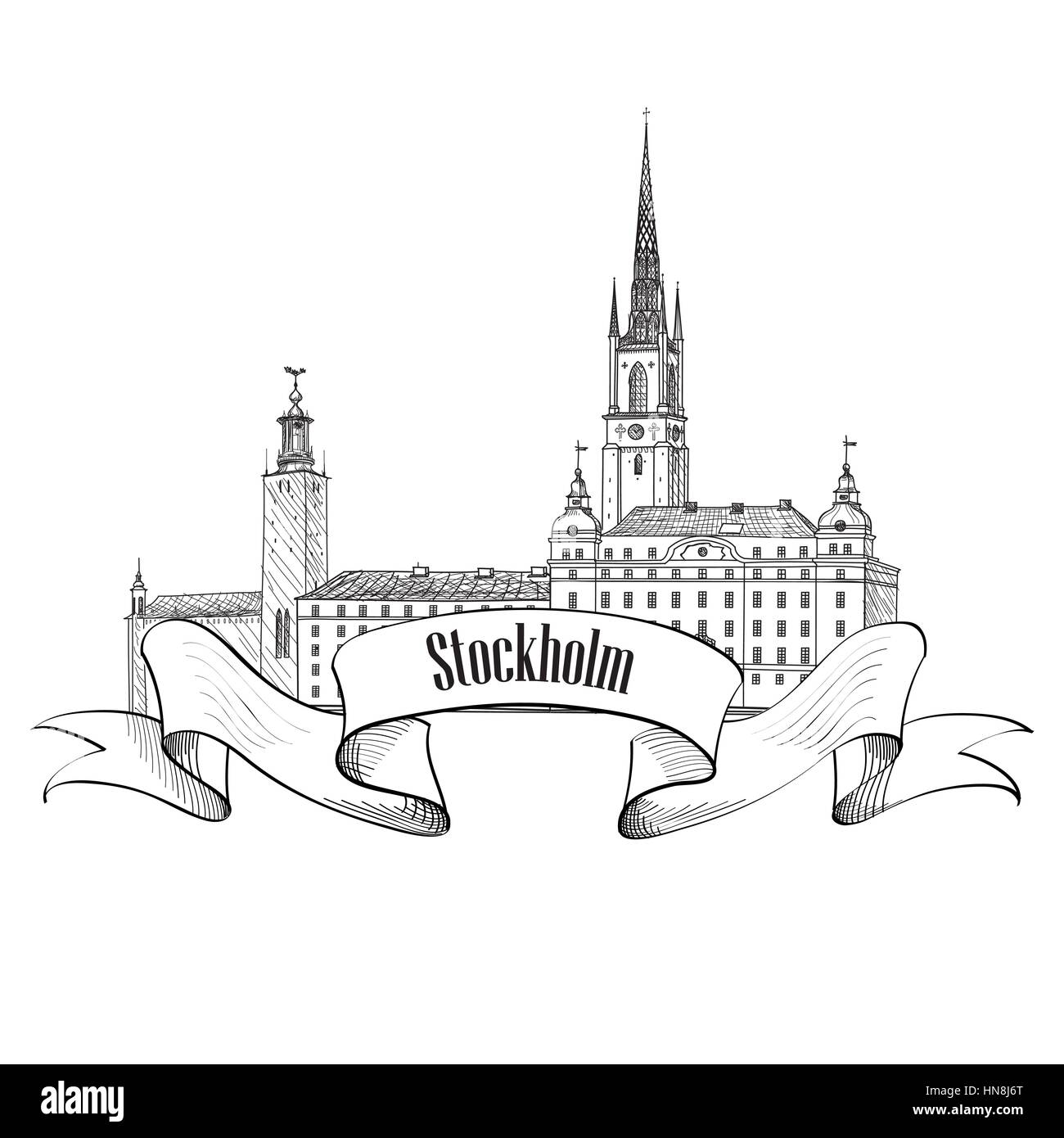 Stockholm label isoliert. Reisen Schweden Symbol. die Stockholmer Altstadt Architektur detaillierte Skyline. Vektor Wahrzeichen Gebäude Abbildung. Stock Vektor