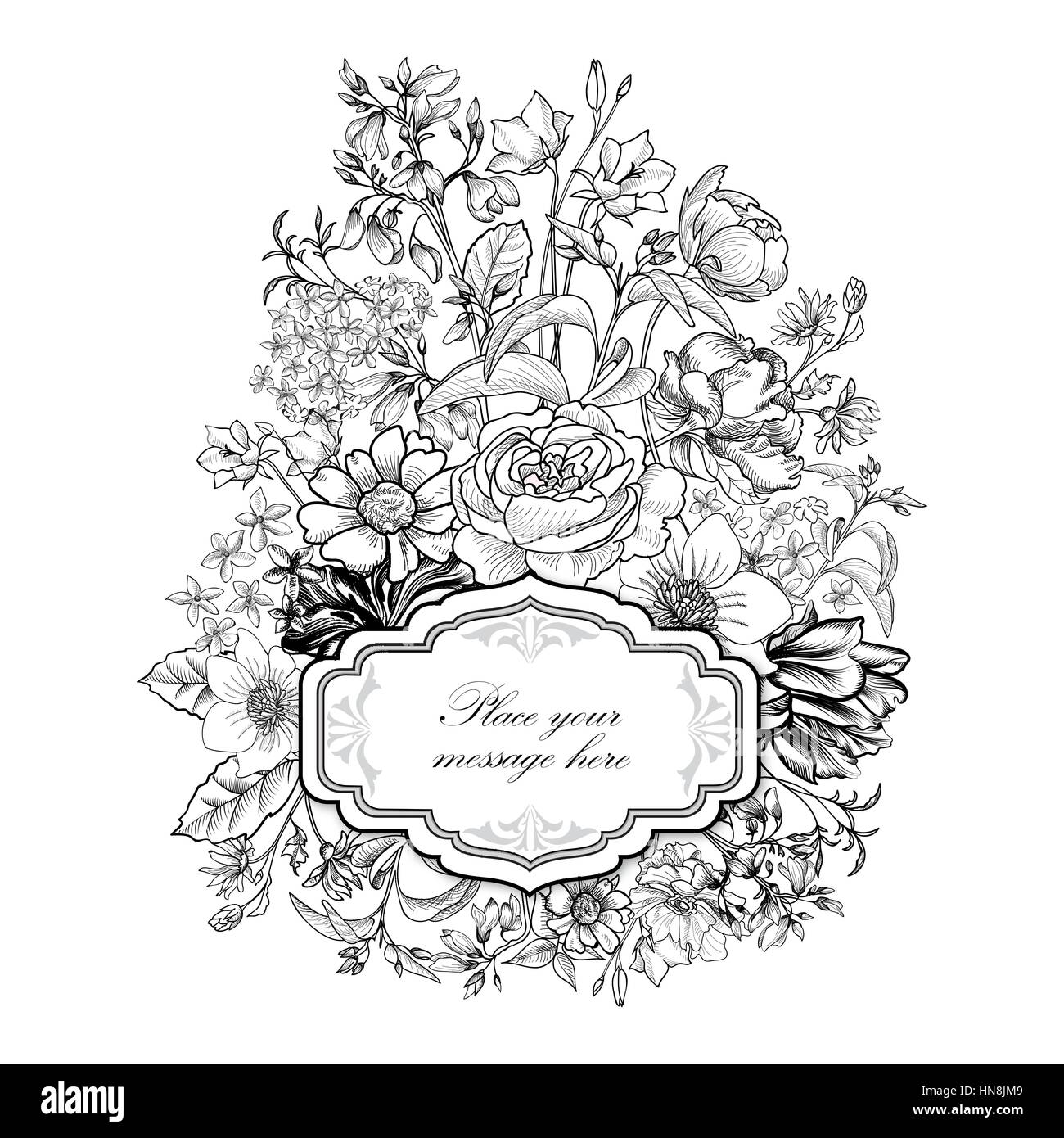 Blumen Rahmen mit Sommerblumen. blumiges Bouquet mit Rose, Narzisse, Nelke, Flieder und Wildblumen. vintage Grußkarten mit Blumen. Aquarell Stock Vektor