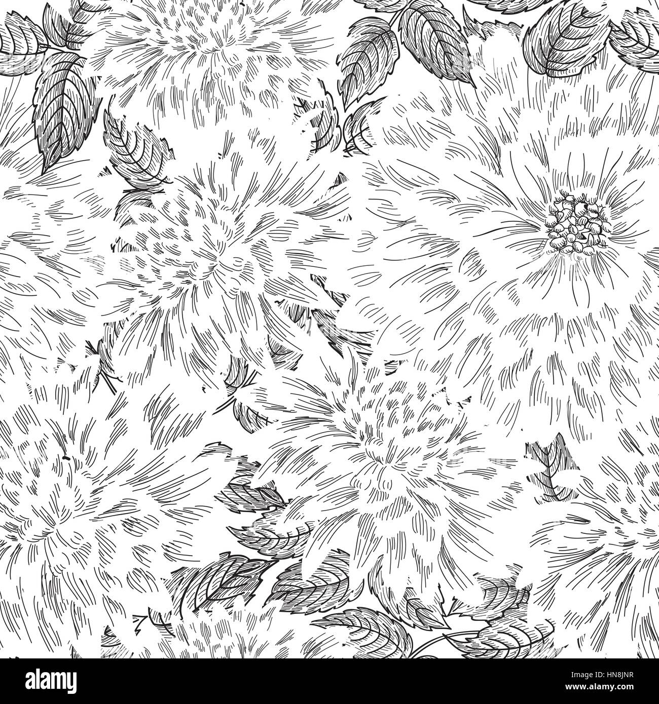 Florale nahtlose Muster. Blume Skizze im chinesischen Stil Hintergrund. Nahtlose Textur mit Blumen blühen. Stock Vektor