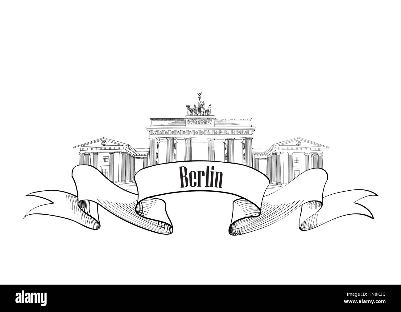 Berliner Label.travel Deutschland Symbol. berühmte deutsche architektonische Sehenswürdigkeit Brandenburger Tor. Stock Vektor