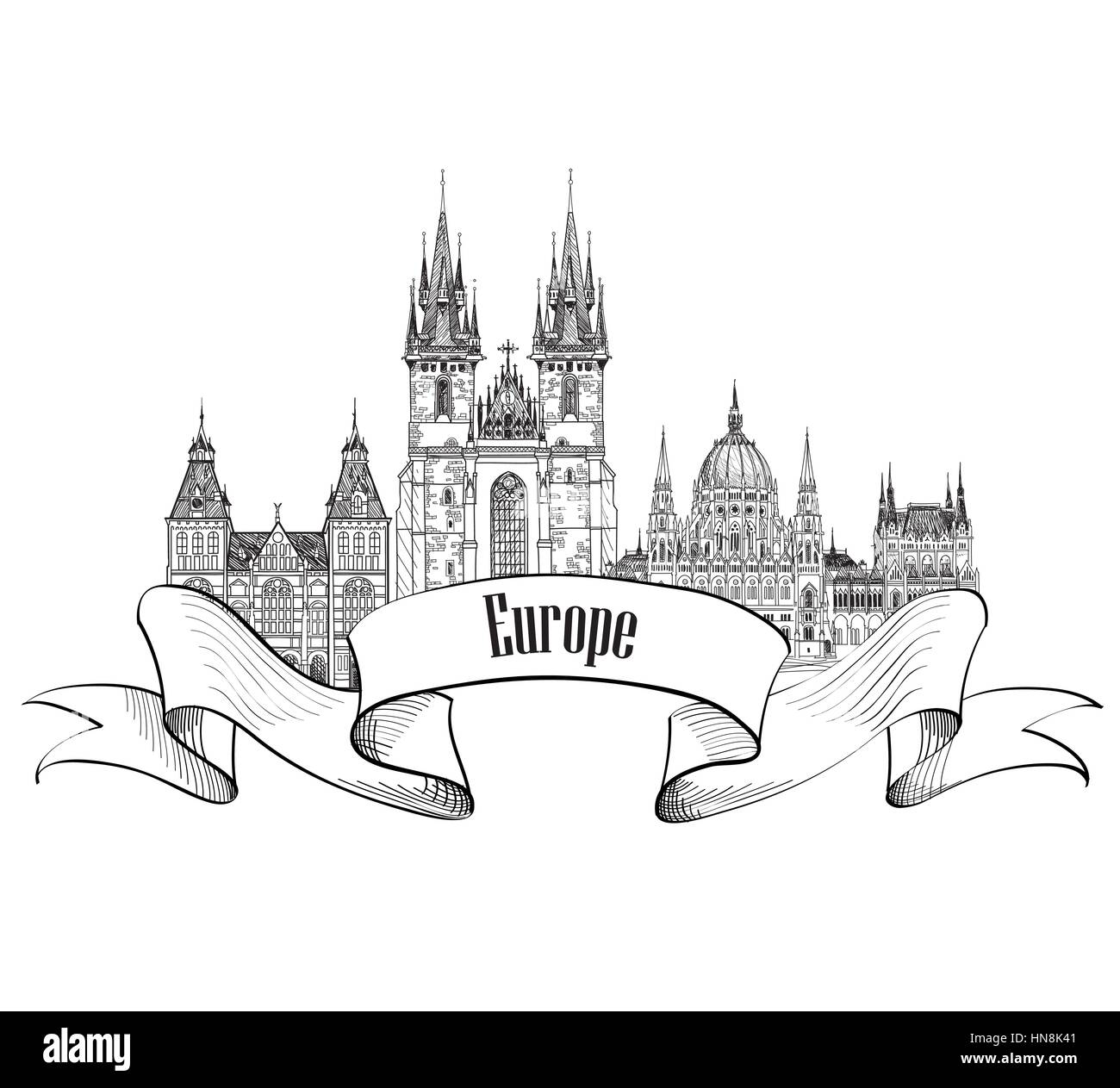 Reisen Europa label. berühmte Bauwerke und Wahrzeichen. europäischen Hauptstadt Emblem. Stock Vektor