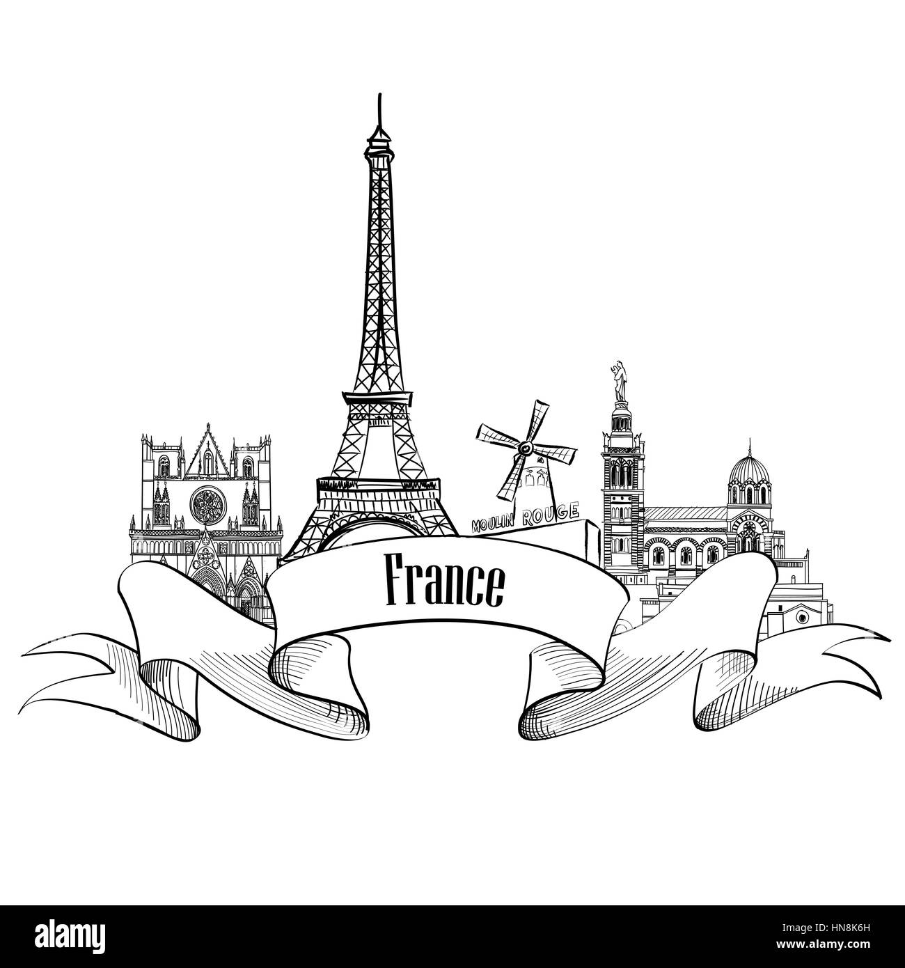 Frankreich label. berühmte französische architektonischen Wahrzeichen. Besuchen Sie Frankreich Banner. Stock Vektor