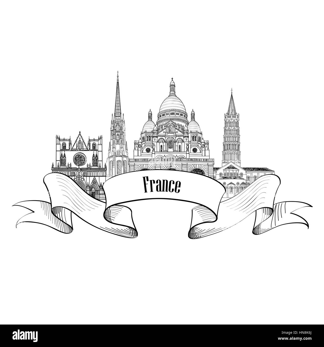 Frankreich label. berühmte französische architektonischen Wahrzeichen. Besuchen Sie Frankreich Banner. Stock Vektor