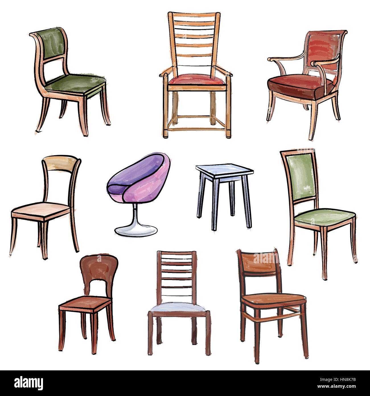 Möbel. Interior Detail Wasser Farbe Umrisse Sammlung: Stuhl, Sessel, Hocker Stock Vektor
