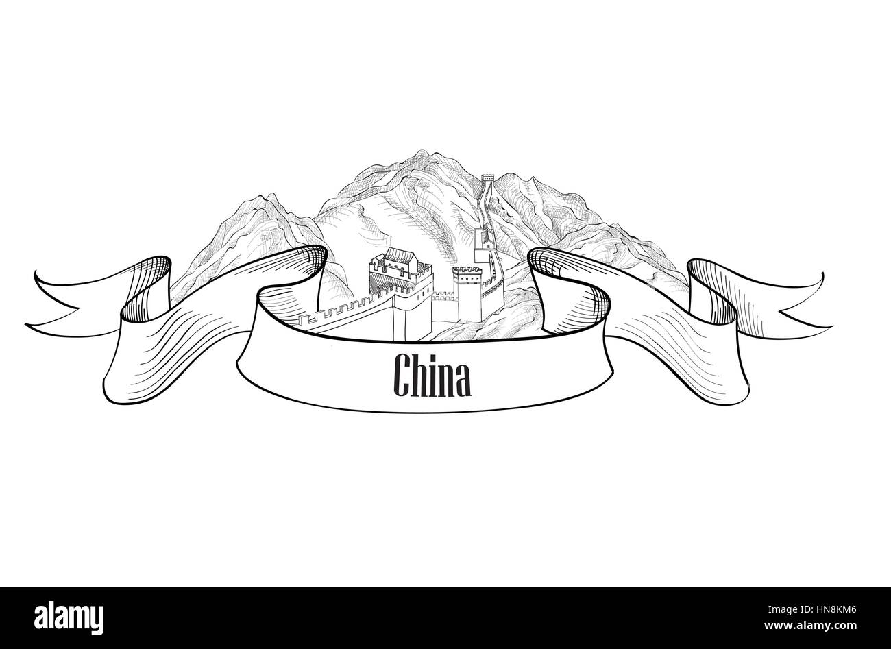 China label. Reisen Asien label. Die große Mauer von China Symbol Skizze isoliert. Stock Vektor