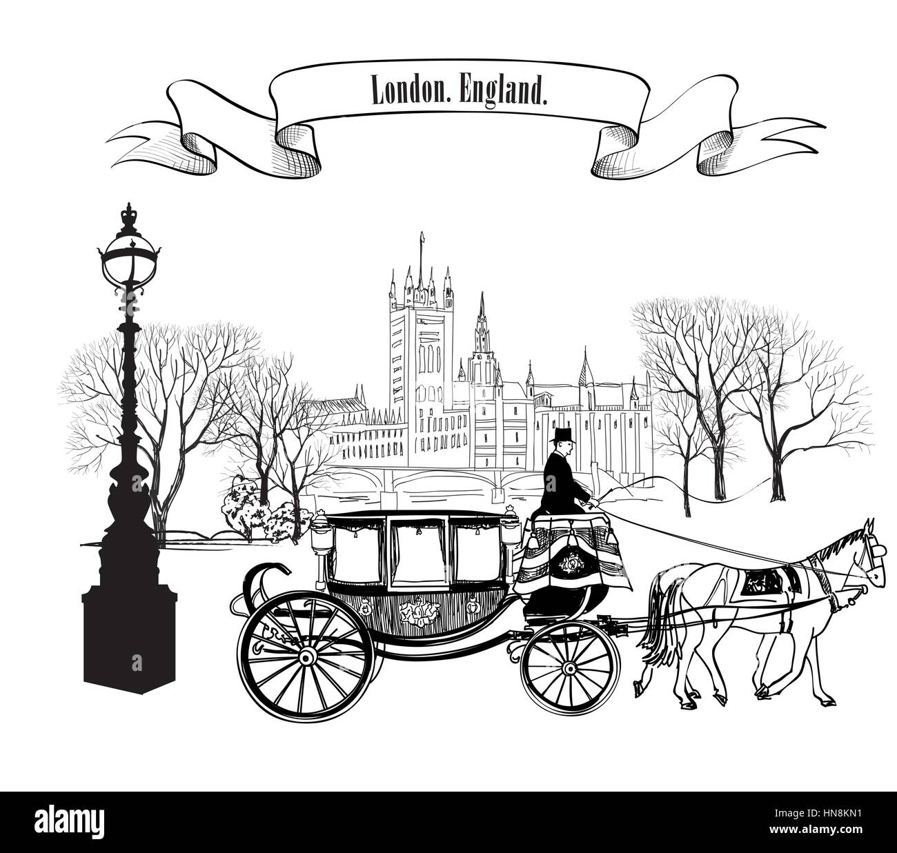 Alte Straße Gasse mit Gebäuden, Bäumen, Park Street Lamp und Kutsche mit Pferd. London City. England, UK. Stock Vektor