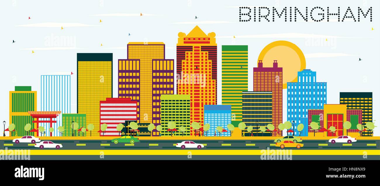 Birmingham-Skyline mit Farbe Gebäuden und blauer Himmel. Vektor-Illustration. Geschäftsreisen und Tourismus-Konzept. Stock Vektor