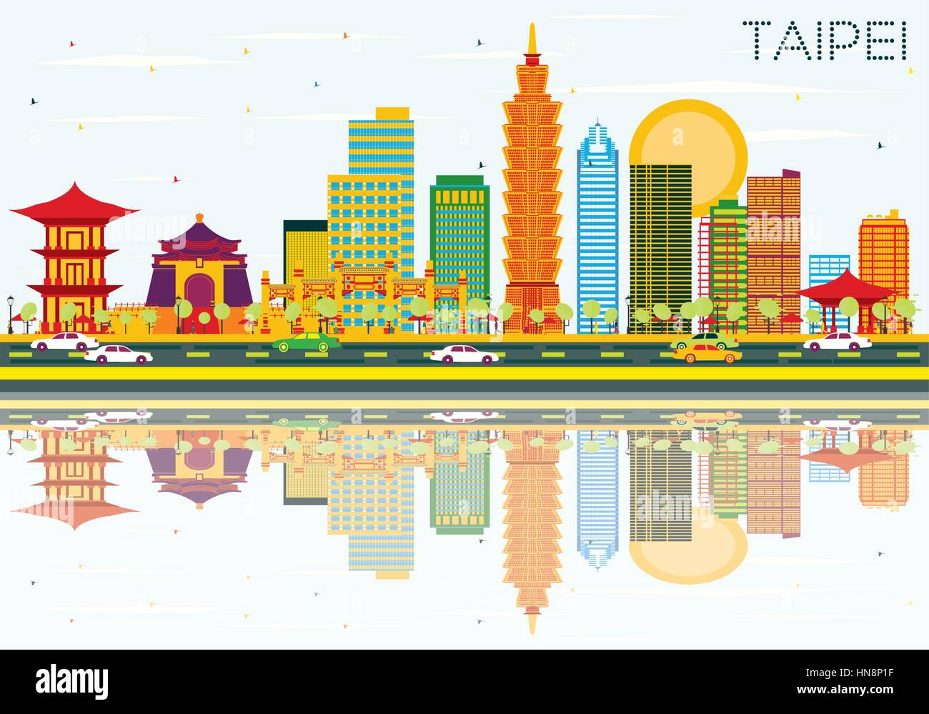 Taipei Skyline mit Farbe Gebäude, blauer Himmel und Reflexionen. Vector Illustration. Business Travel und Tourismus Konzept. Stock Vektor