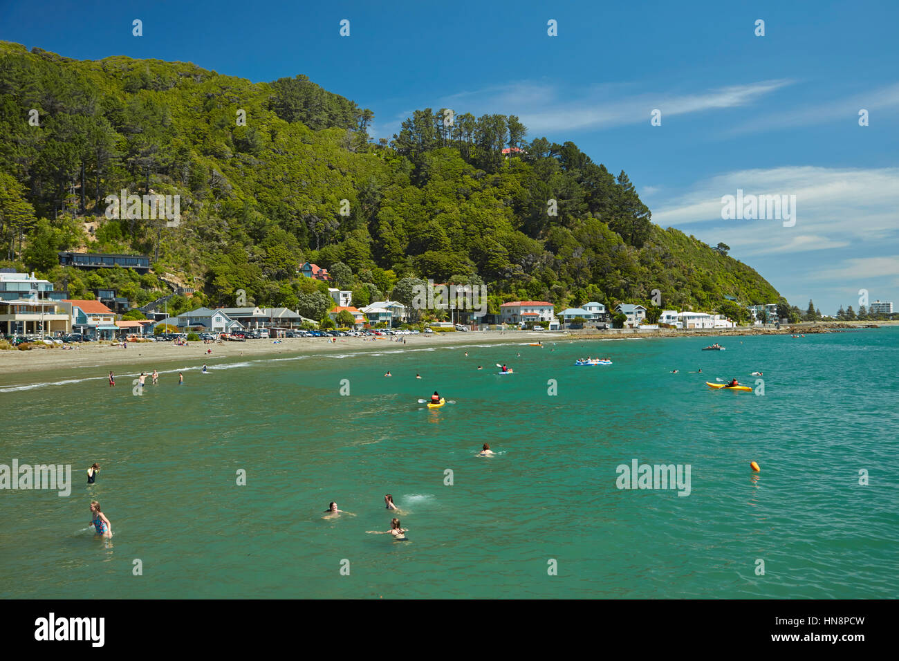 Schwimmer bei Tage Bucht, Eastbourne, Wellington, Nordinsel, Neuseeland Stockfoto