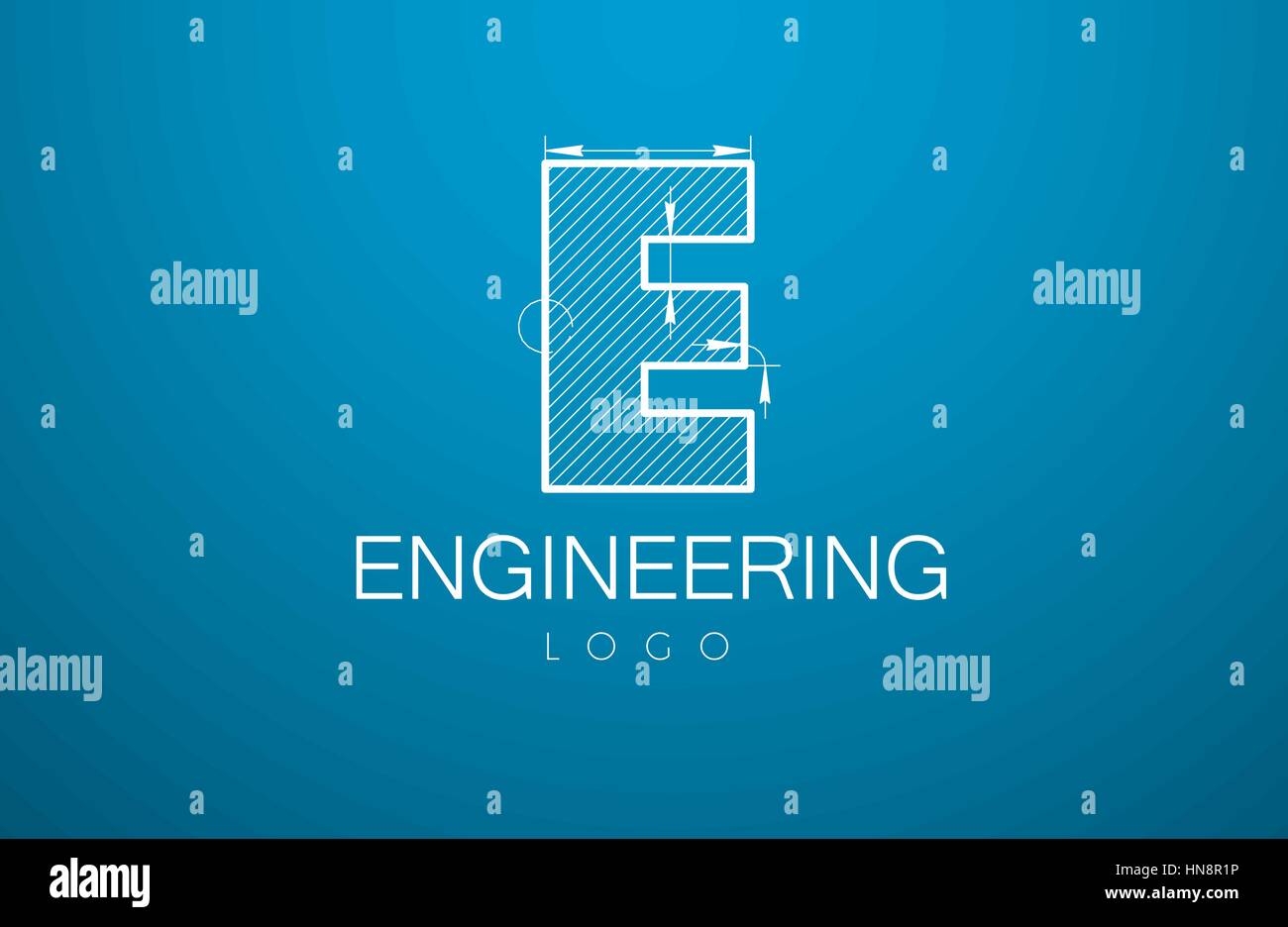 Logo-Briefvorlage E im Stil einer technischen Zeichnung. Design und Text "Engineering" mit Bemaßungslinien zu unterzeichnen. Vektor-illustration Stock Vektor