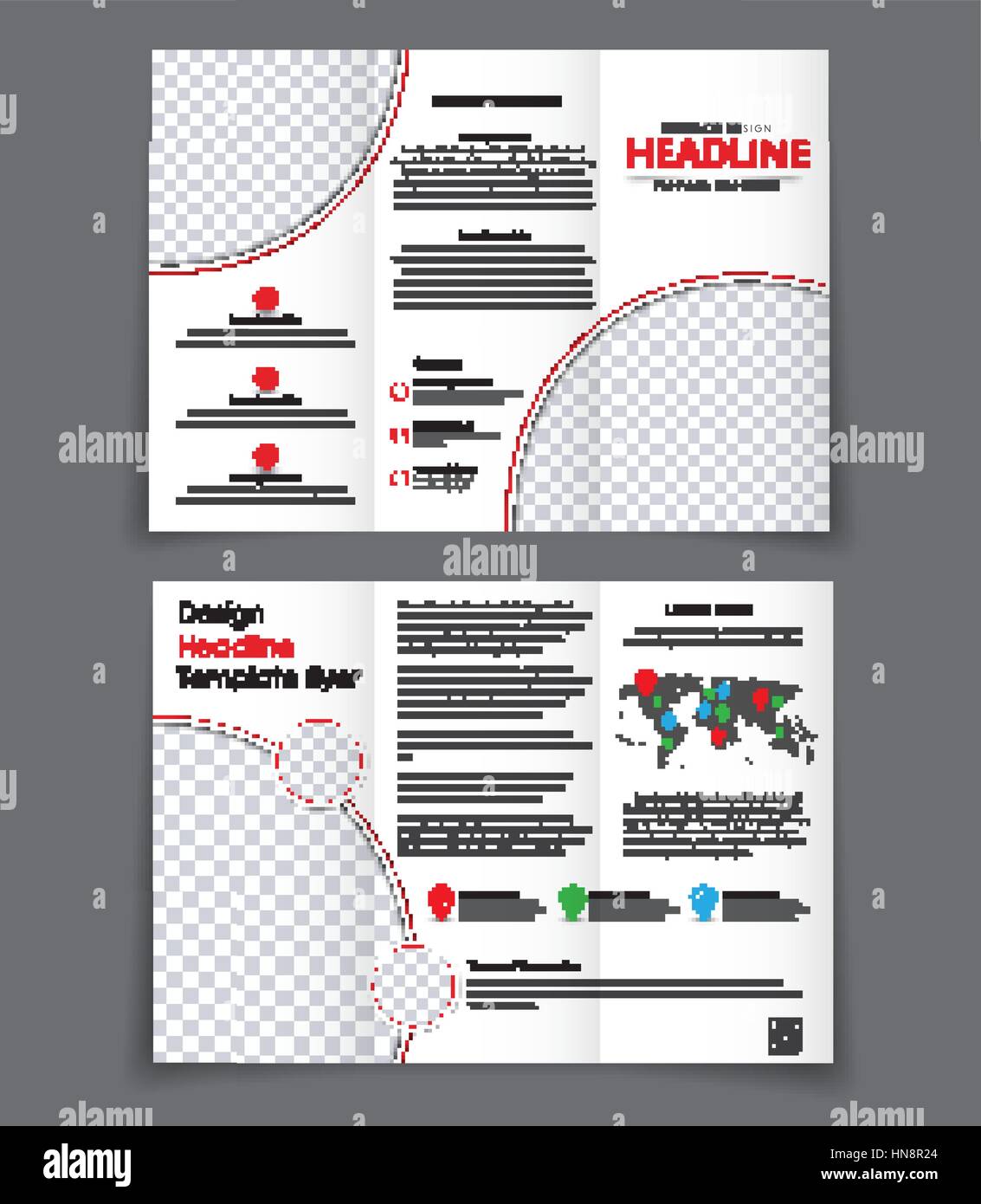 Design der beiden Un-Falt-Broschüre mit roten Elementen. Vorlage dreifach faltbaren Flyer mit Platz für Fotos und Informationen. Vektor-illustration Stock Vektor