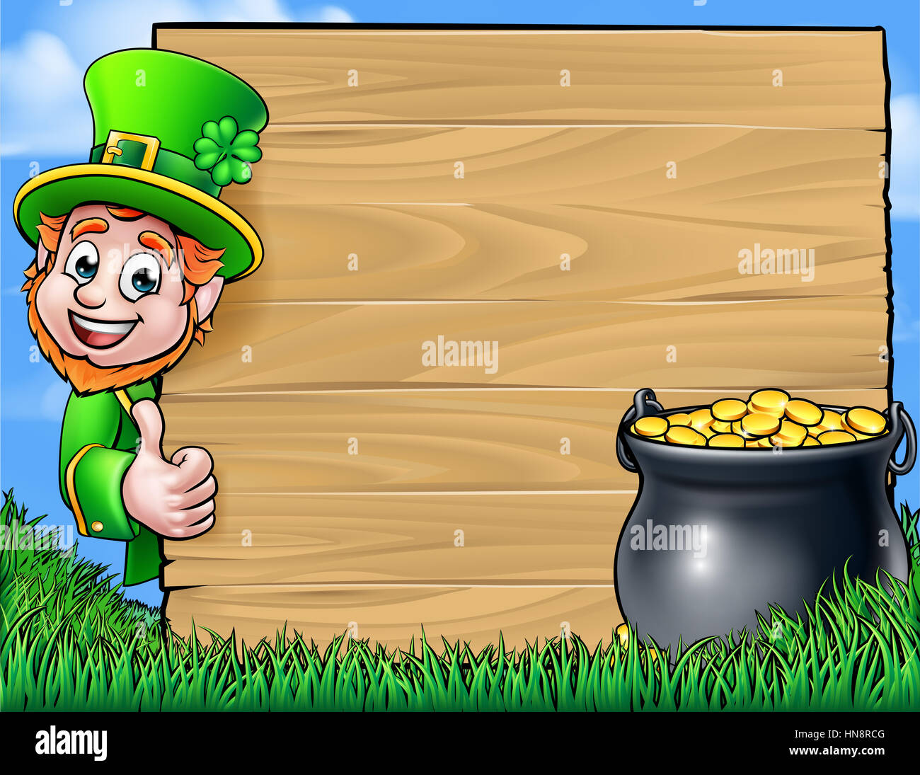Ein Cartoon Kobold Zeichen um ein Holzschild gelehnt und Daumen mit einem Topf voll Gold aufzugeben. St. Patricks Day-Hintergrund Stockfoto