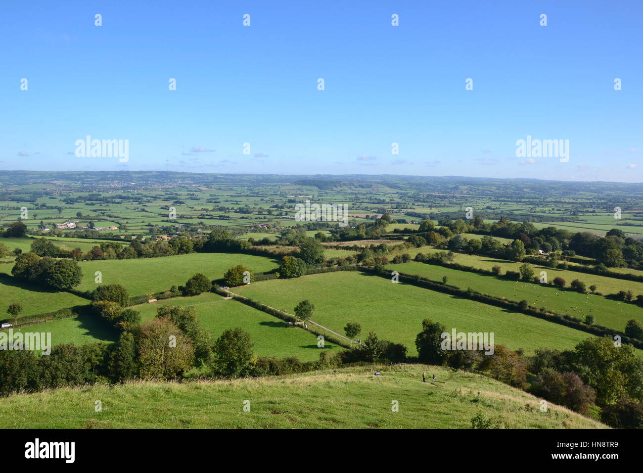 Blick über Avalon von Glastonbury Tor, Somserset, Großbritannien Stockfoto